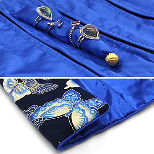 Wei Long Jewelry Roll,Travel Jewelry Roll Bag,Silk Embroidery Brocade Jewelry Organizer Case with Tie Close (Butterfly,Dark Blue)