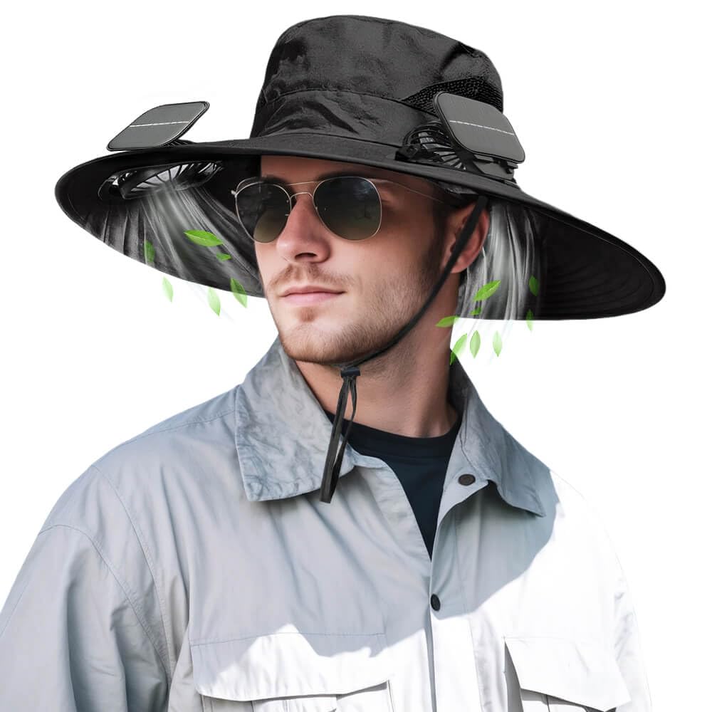 Solar Powered Fan Hat for Men Women Wide Brim Hat with 2 Fans UPF 50+ Outdoor Fishing Beach Sun Hat Black