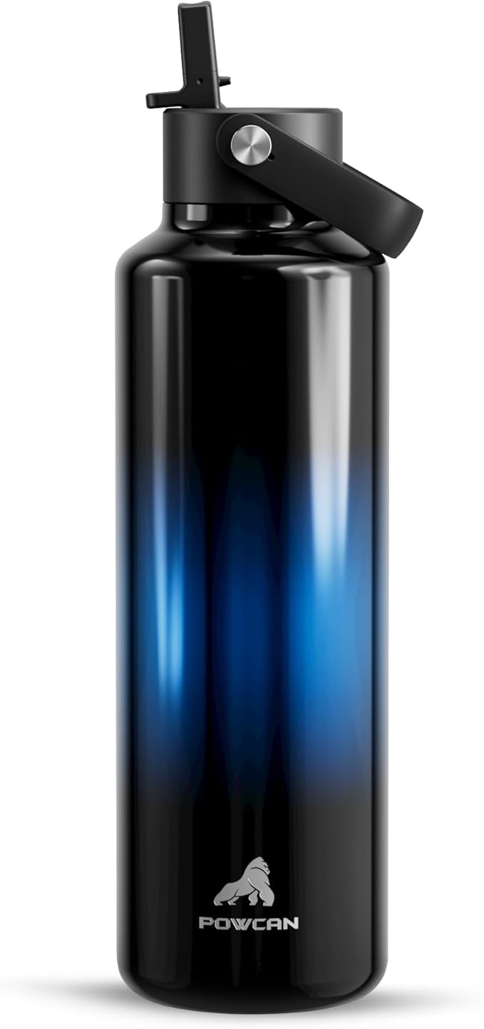 24 oz Water Bottle with Handle for Men: Spill Proof Lid with Straw, Flex Cap, Cold for 24 Hrs, Hot for 10 hrs, Vacuum Stainless Steel Thermos for Walking, Hiking, Travel, Sport, Gym (Twilight Night)