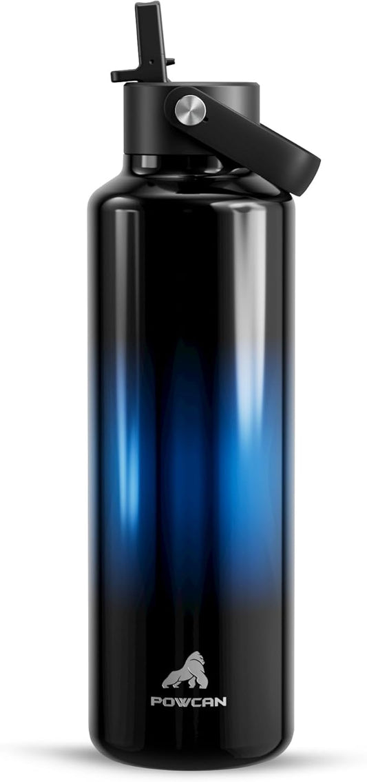 24 oz Water Bottle with Handle for Men: Spill Proof Lid with Straw, Flex Cap, Cold for 24 Hrs, Hot for 10 hrs, Vacuum Stainless Steel Thermos for Walking, Hiking, Travel, Sport, Gym (Twilight Night)