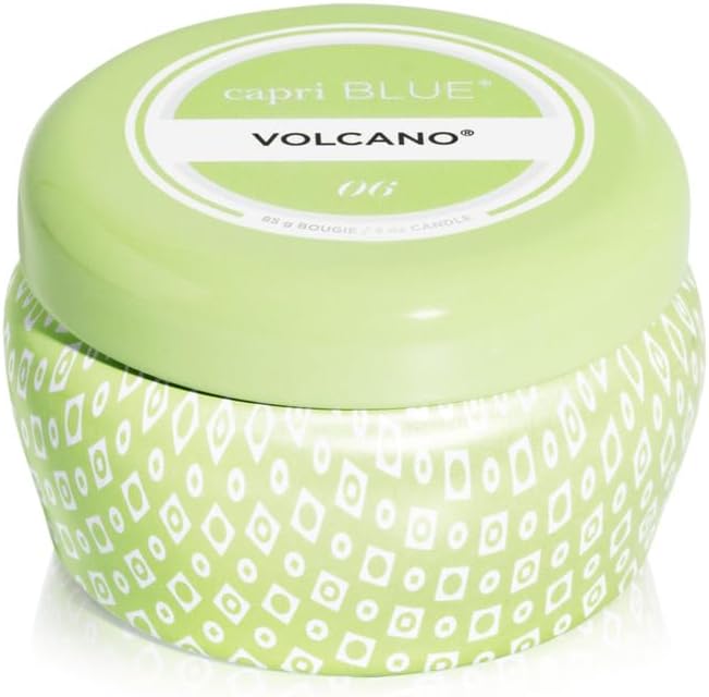 Capri Blue Volcano Scented Mini Tin Jar Candle - Printed Mini Tin Candles for Home Scented with Tropical Fruit & Sugared Citrus - Long Lasting Soy Wax Blend (Iced Matcha Green, 3 oz)