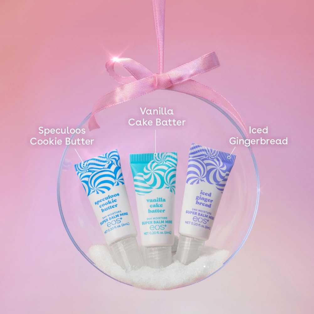 eos Holiday 24H Moisture Mini Super Balm Set- Speculoos Cookie Butter, Iced Gingerbread, Vanilla Cake Batter, Limited-Edition Lip Care, Stocking Stuffers, 0.20 fl oz, 3-Pack