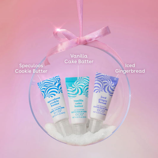 eos Holiday 24H Moisture Mini Super Balm Set- Speculoos Cookie Butter, Iced Gingerbread, Vanilla Cake Batter, Limited-Edition Lip Care, Stocking Stuffers, 0.20 fl oz, 3-Pack