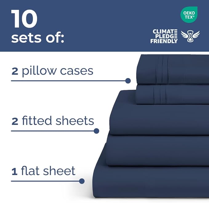 Bulk Case Pack of 10 Sheet Sets - (10) Complete Split King Size Sheet Sets with Deep Pockets - Wholesale Bulk Bedding for Hotels, Spas & Airbnbs - Breathable & Wrinkle Free - (Split King, Navy Blue)
