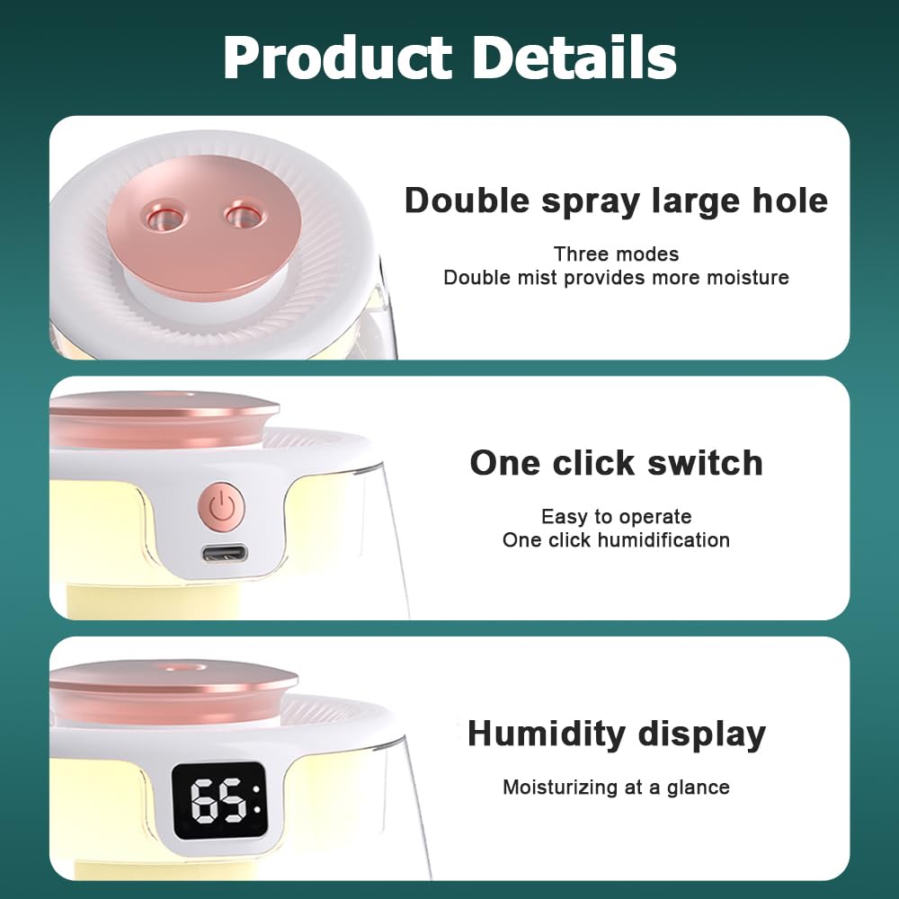 DONGKER Double Spray Humidifier,1L Silent USB Digital Display Humidifier with 2 Mist Modes & Night Light for Car Office Home Room