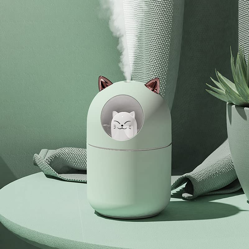 Portable 300ml Mini Cool Mist Humidifier With Night Light, USB Auto Shut-Off, Ultra-Quiet, 2 Spray Modes for Home Office Travel (Green)