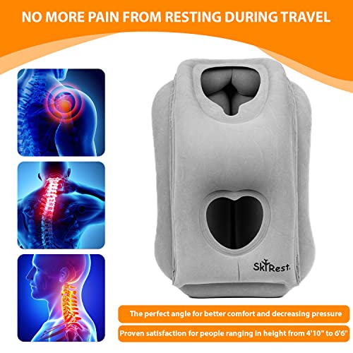 Skyrest Inflatable Travel Pillow - Airplane Pillow for Neck Support on Long Flights, Buses, Cars, Office & Trains - Comes with Eye Mask, Earplugs & Portable Drawstring Bag - Grey