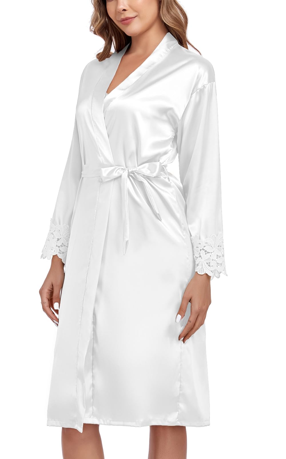 BestWendding Women's Silk Robe Set 2 Pieces Pajamas Sets Sexy Soft Satin Robe with V Neck Camisole Lingerie Nightgown, White1 L