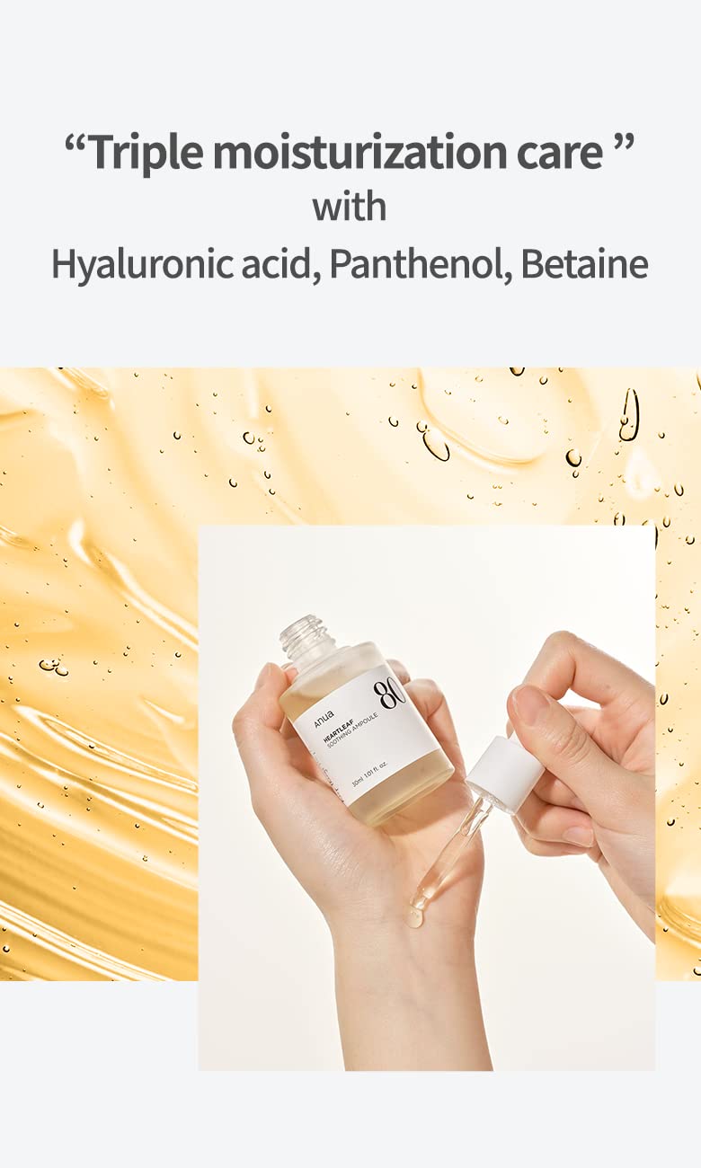 Anua Heartleaf 80 Soothing Ampoule, Hydration Facial Serum for Glass Skin, Panthenol, Hyaluronic Acid, Non-Greasy, Gentle Formula, Lightweight Essence, Vegan, Korean Skin Care, 30ml/1.01 fl.oz