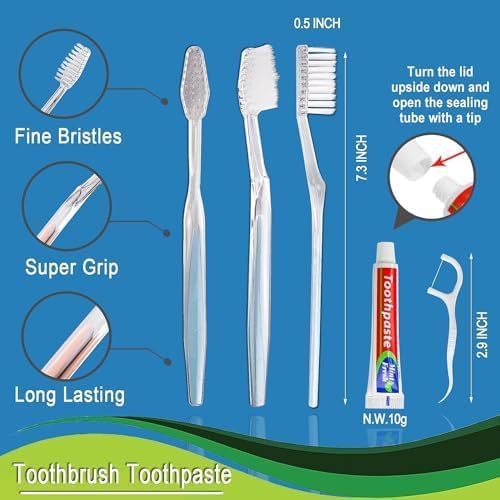 30pcs Disposable Toothbrushes with Toothpaste Floss Individually Wrapped, 2 Color Disposable Toothbrush, 10g Toothpaste, Floss Pick, Bulk Toothbrush Kit for Homeless,Airbnb,Hotel