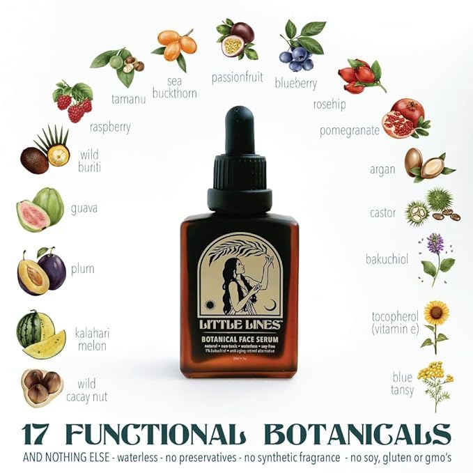 LITTLE LINES Botanical Bakuchiol Face Oil Serum | Holistic Retinol Alternative | Waterless blend of 17 botanicals | Anti-Aging Natural Skin Care For Fine Lines & Wrinkles | Hydrating & Brightening