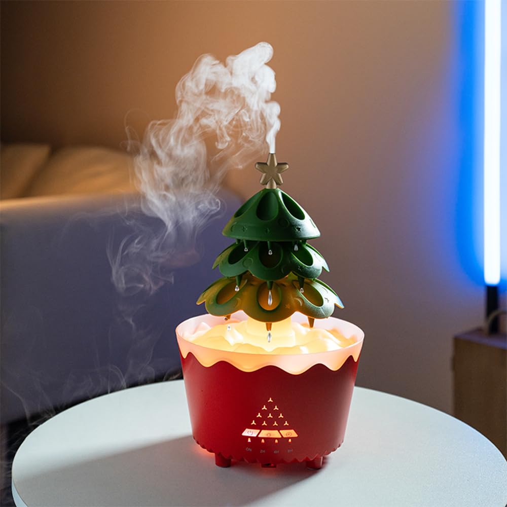 Rain Cloud Essential Oil Diffusers Rotatable,Water Drip Rain Lucky Tree Humidifier Night Light with 7 Changing Colors for Relaxing Mood Water Drop Sound (yellow red)