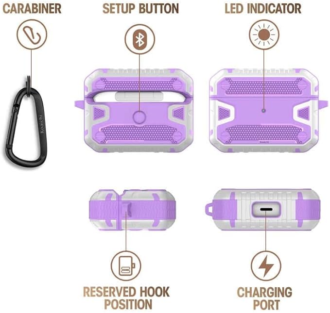 Koaichi Compatible with AirPods Pro(2nd Generation/1st Generation), Full-Body Rugged Hard Shell Protective Case Cover with Keychain Designed for AirPods Pro (2022/2019), Purple/White