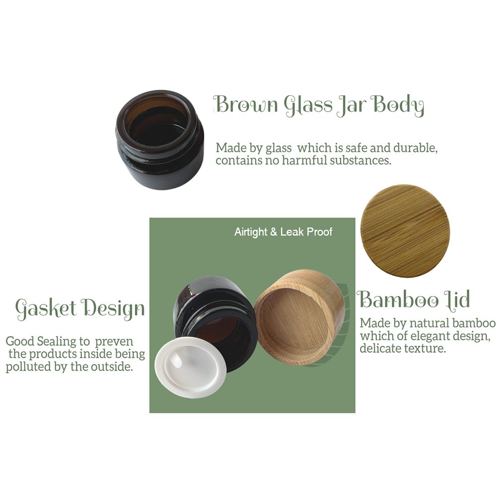 BEECO GIF2U Empty Refillable Glass Cosmetic Jar 4 Pack 5g/0.17oz with Bamboo Lids,Skin Care Travel Containers Pot Vial Holder Sample Storage for Eye Cream Lotion Ointments Lip Balm Brown