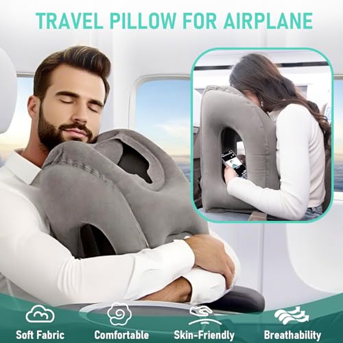 Gloserin Inflatable Travel Pillow for Airplanes, Airplane Pillow for Supports Neck, Used for Planes, Trains, Cars, Includes Storage Bag, Eye Mask & Earplugs (Grey)