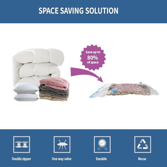 7 Pack Jumbo Space Saver Vacuum Storage Bags for Clothing Travel, Vacuum Seal Compression Bags for Clothes, Packing, Luggage, Blankets, Comforters and Pillows, Hand Pump Included