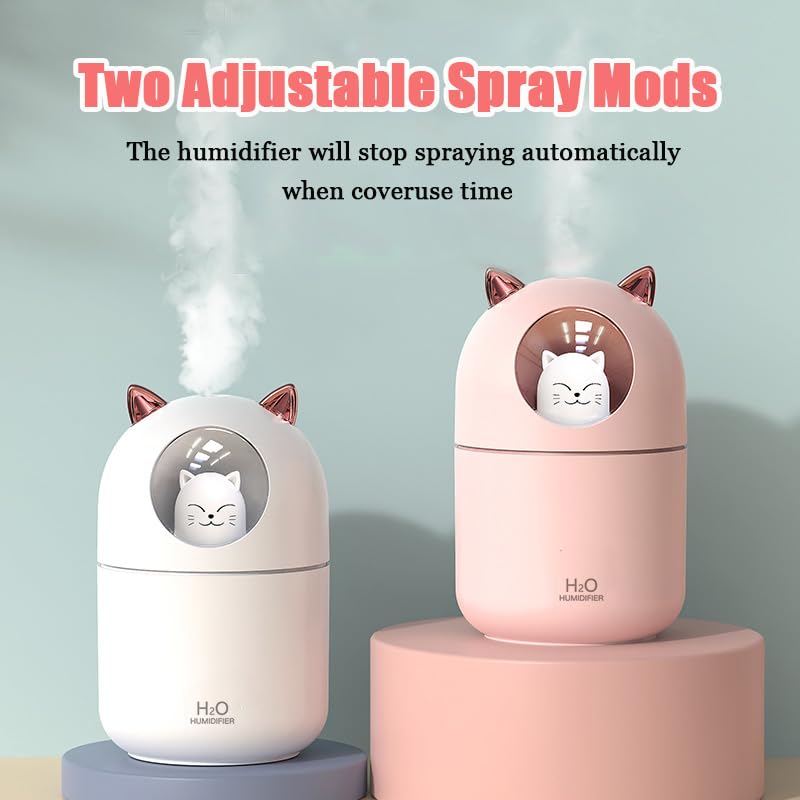 Portable Small Humidifier, YIMIKE 300ml Mini Cool Mist Humidifier with Night Light, USB Personal Humidifier Auto Shut-Off, Ultra-Quiet, 2 Spray Modes, Suitable for Home Office Travel (Light Pink)