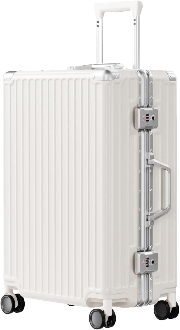 AnyZip Luggage PC+ABS Aluminum Frame Zipperless Checked Luggage Hard Shell Suitcase with TSA Lock Double Spinner Wheels 24 Inch White