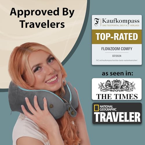 FLOWZOOM Memory Foam Travel Pillow for Airplanes & Car Rides - Adjustable Airplane Pillow with 360° Chin and Neck Support for Comfy Naps, Extra-Soft Washable Neck Pillow Cover, Squeezy Mesh Bag - Grey