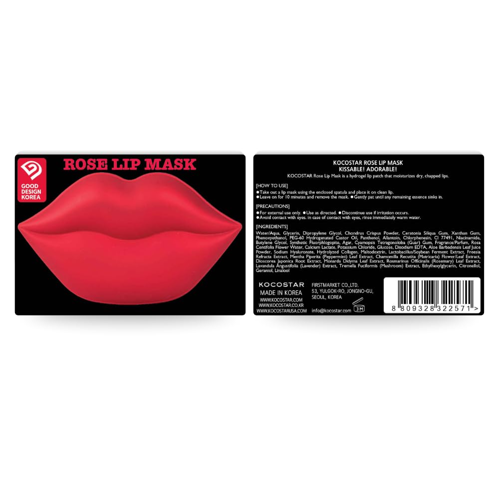 KOCOSTAR Rose Collagen Hydrogel Lip Mask with Niacinamide, Multi Functional Hydrating Lip Care for Dry and Chapped Lips, Hypoallergenic and Paraben Free, Korean Skincare (20 Count)