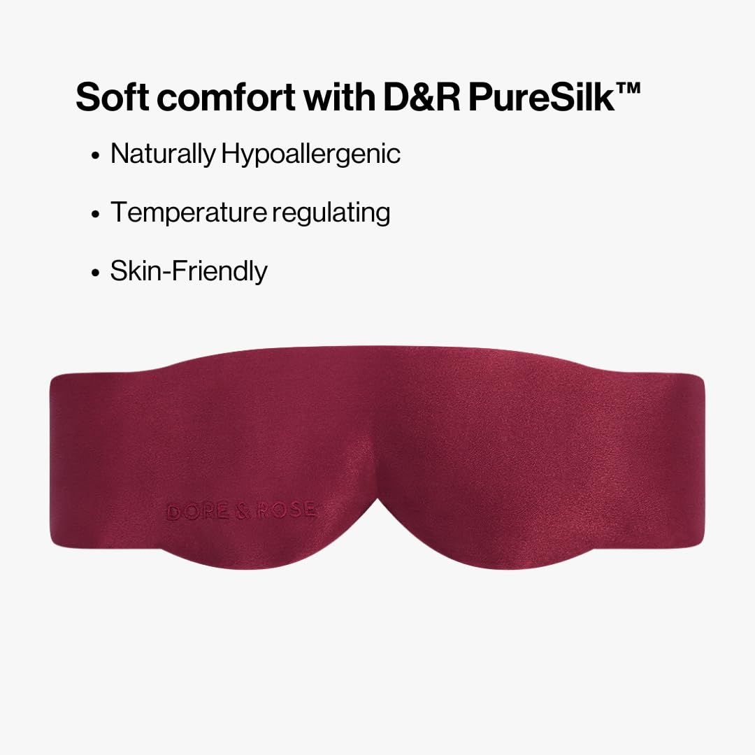 Dore & Rose Aura Sleep Mask, 100% Light Blocking Mulberry Silk Eye Mask (23 Momme), Extra Room for Lashes, Reduces Eye Bags & Dark Circles, Adjustable Travel Deep Sleep Mask for Men & Women (Burgundy)