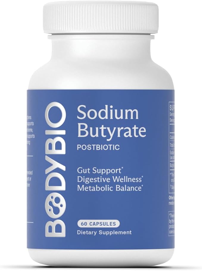 BodyBio Butyrate - Postbiotic for Gut Health, Digestive Support, Bloat, Gas & Constipation Relief, Leaky Gut Repair - Sodium + Butyric Acid Supplement for GI Wellness