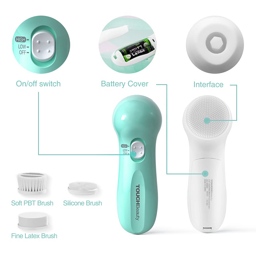 Electric Facial Cleansing Brush for Women, 3-in-1 Face Cleanser and Exfoliator Brush with 3 Brush Heads, 2 Speeds, Waterproof Spin Brush, Portable Travel Case (Green, Battery Operated)