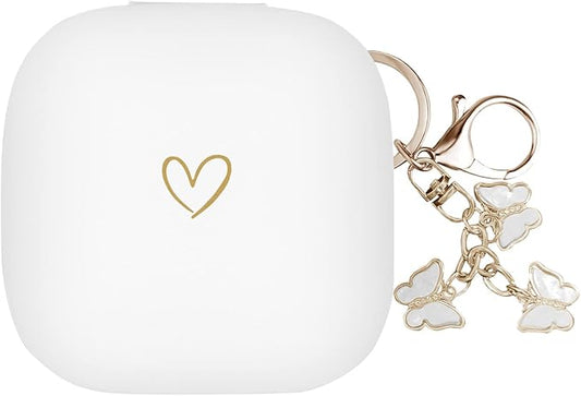 Compatible with Powerbeats Pro, Soft Silicone Case with Gold Heart Pattern for Powerbeats Pro Case with Cute Butterfly Keychain for Girls Women (White)