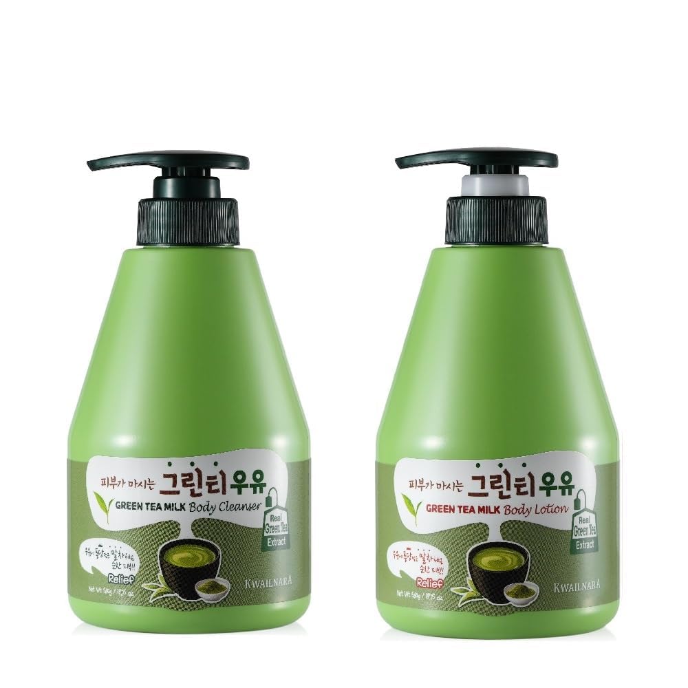 WELCOS Kwailnara Green Tea Milk Body Lotion & Body Wash Set – Soothing & Refreshing Korean Skincare Set with Green Tea Extract, 560g / 19.75oz Each