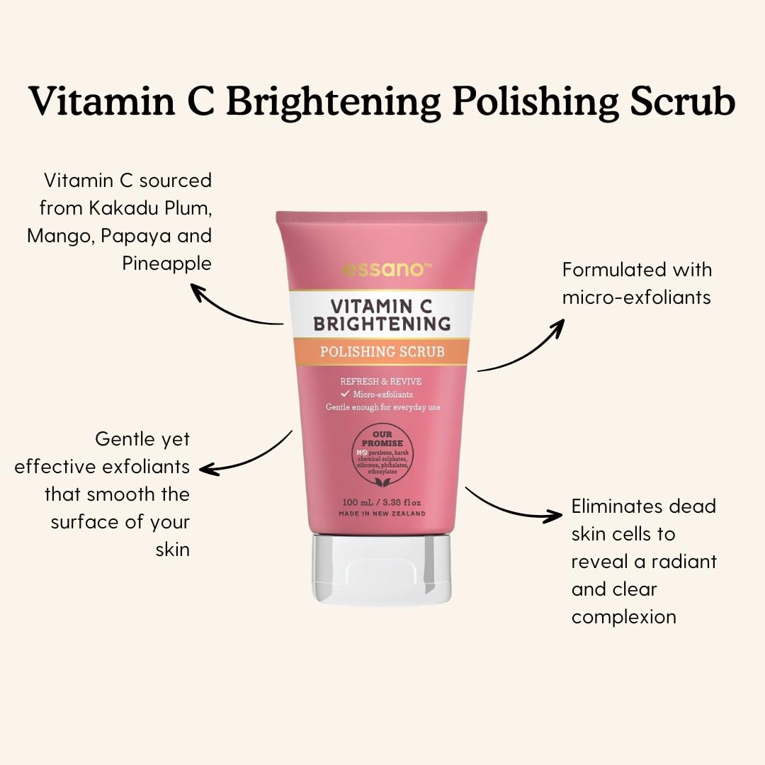 Essano Vitamin C Skin Care Set, Radiant Skincare Pack with Gel Face Cleanser (40ml), Exfoliating Face Scrub (40ml), Facial Serum (3ml), SPF15 Moisturizer (10g), For Travel or Trial, Cruelty Free