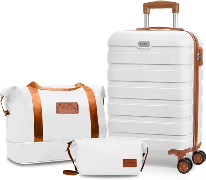 AnyZip Luggage Set 20 Inch Carry on Luggage PC ABS Hardshell Lightweight Suitcases for Travelling with 4 Universal Wheels TSA Lock White Brown