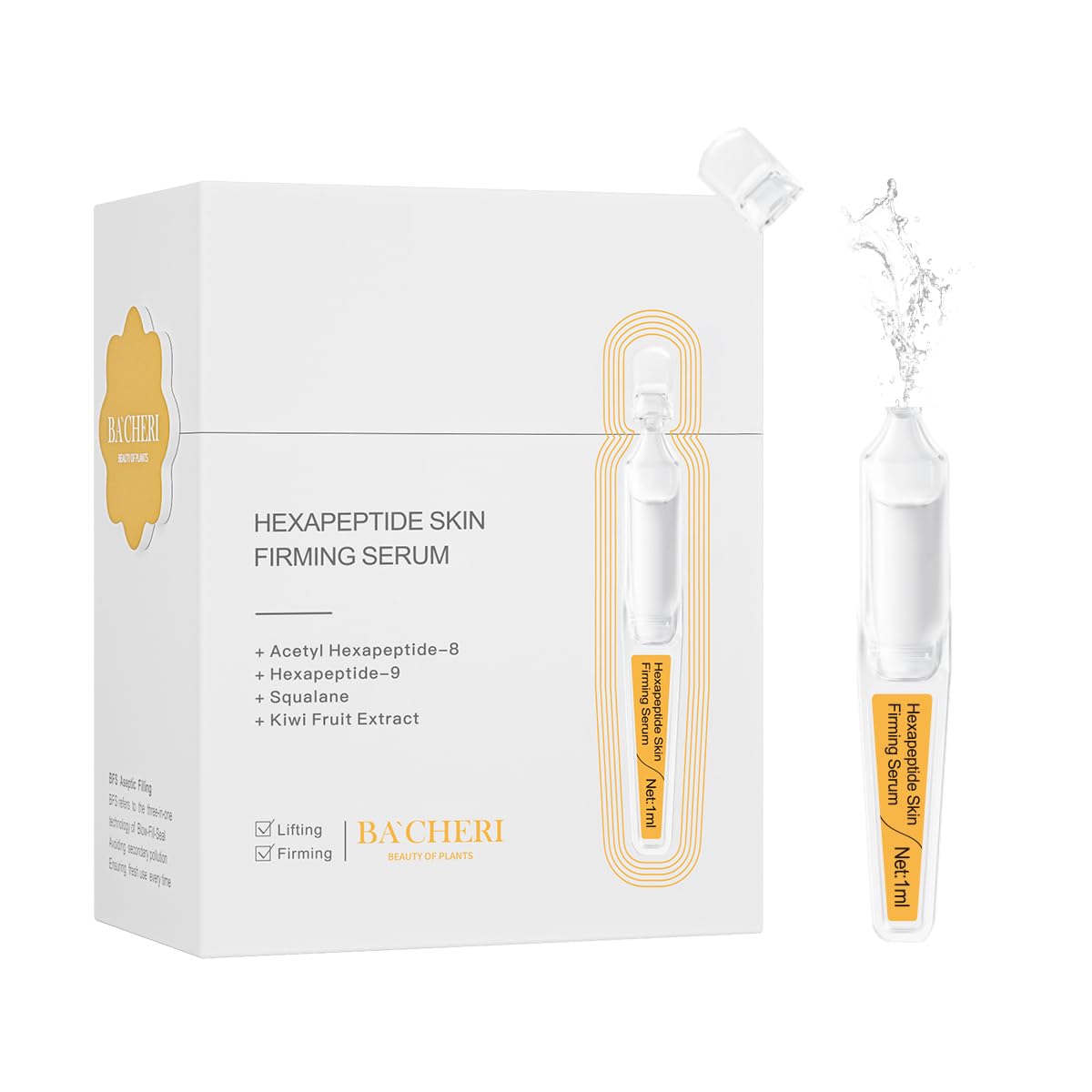 BACHERI Firming Skin Serum with Acetyl Hexapeptide-8, Hexapeptide-9, Carnosine - Moisturizing, Hydrating and Antioxidant for Fine Lines, 15 Pcs/Box Ampoules