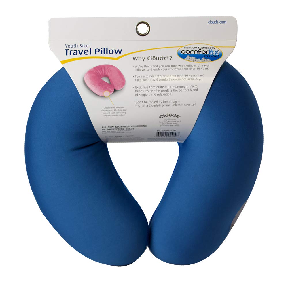 Cloudz Kids Dual Comfort Microbead Airplane Travel Neck Pillow. Super Soft Cozy Plush on One Side, Cool Relaxing Spandex on The Other! Keep Your Kids Comfy and Supported at Home or On The Go! - Blue