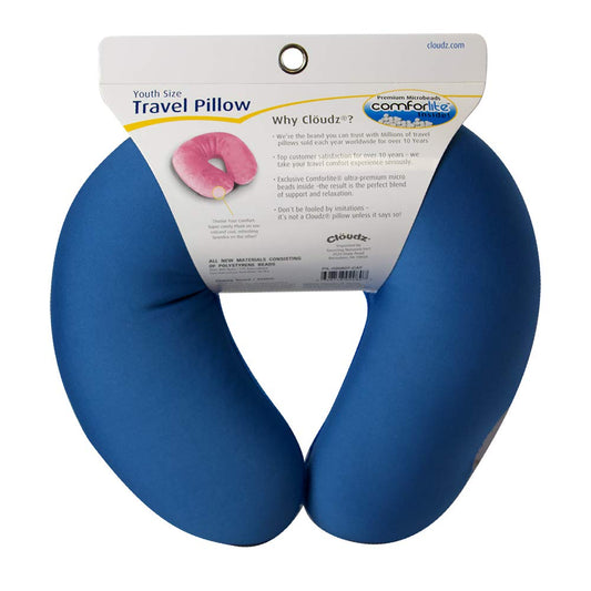 Cloudz Kids Dual Comfort Microbead Airplane Travel Neck Pillow. Super Soft Cozy Plush on One Side, Cool Relaxing Spandex on The Other! Keep Your Kids Comfy and Supported at Home or On The Go! - Blue