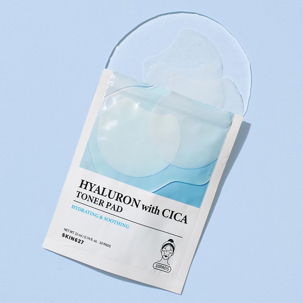 SKIN627 Hyaluron with Cica Toner Pad | Korean Facial Sheets with 6 Types of Hyaluronic Acid and Centella Asiatica | Deep Hydration and Soothing Care | 10 Pads x 3 Pack