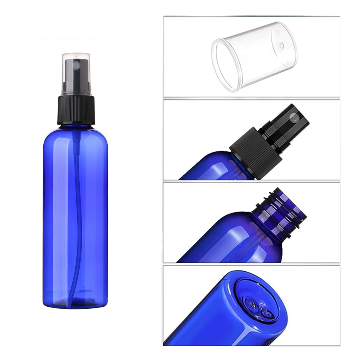 SINIDE Empty Spray Bottles 100 ml/3.4 oz, Blue Plastic Fine Mist Mini Travel Bottle Set, Portable Refillable Makeup Sprayer Containers for Perfume, Liquids, Aromatherapy, Cleaning Solution (4 Pack)