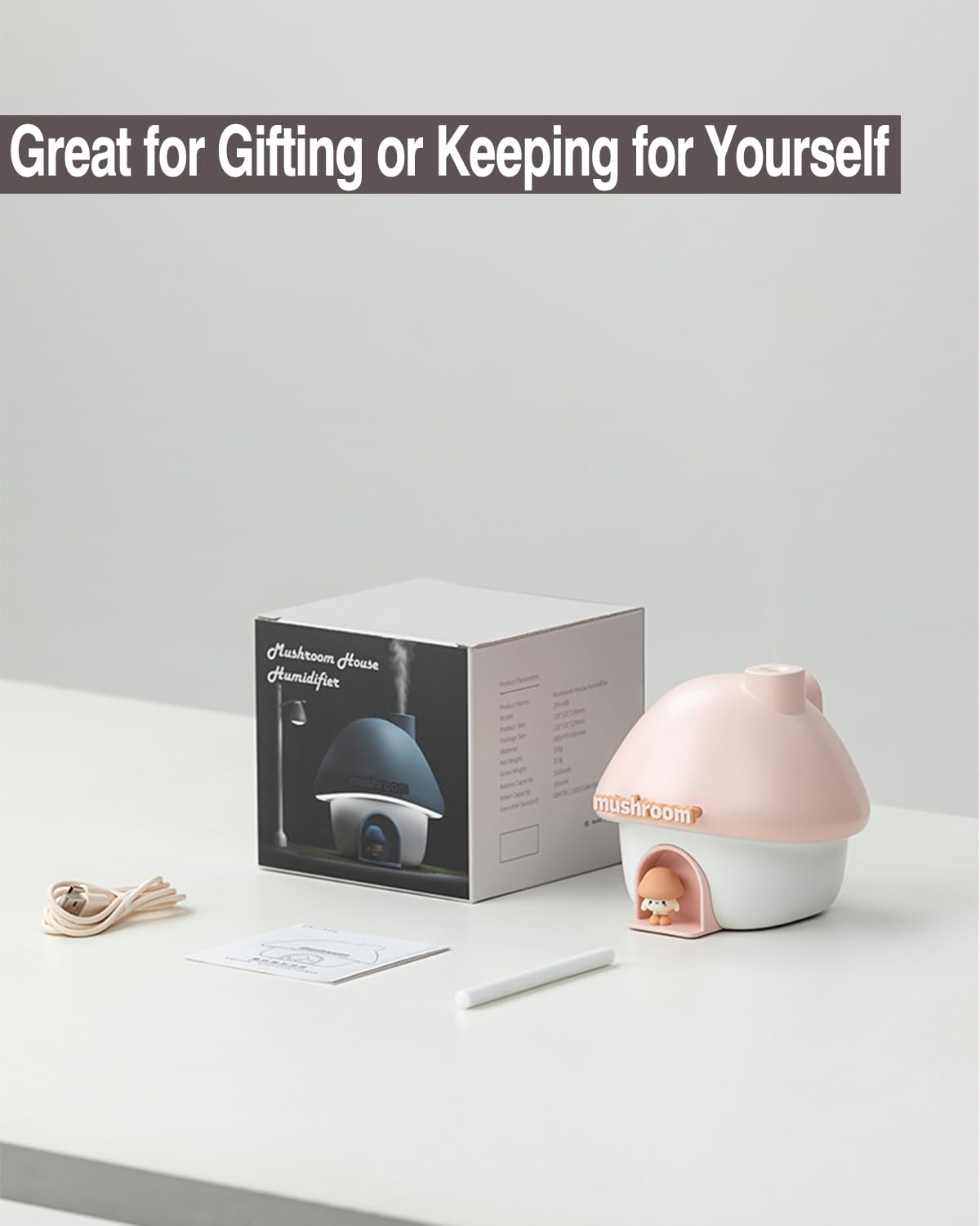 Cute Mushroom House Humidifier, 300ml Small Cool Mist Humidifers, USB Rechargeable Mini Portable Air Humidifer with Night Light for Bedroom, Office, Car, Travel, Indoor Plants (Pink)