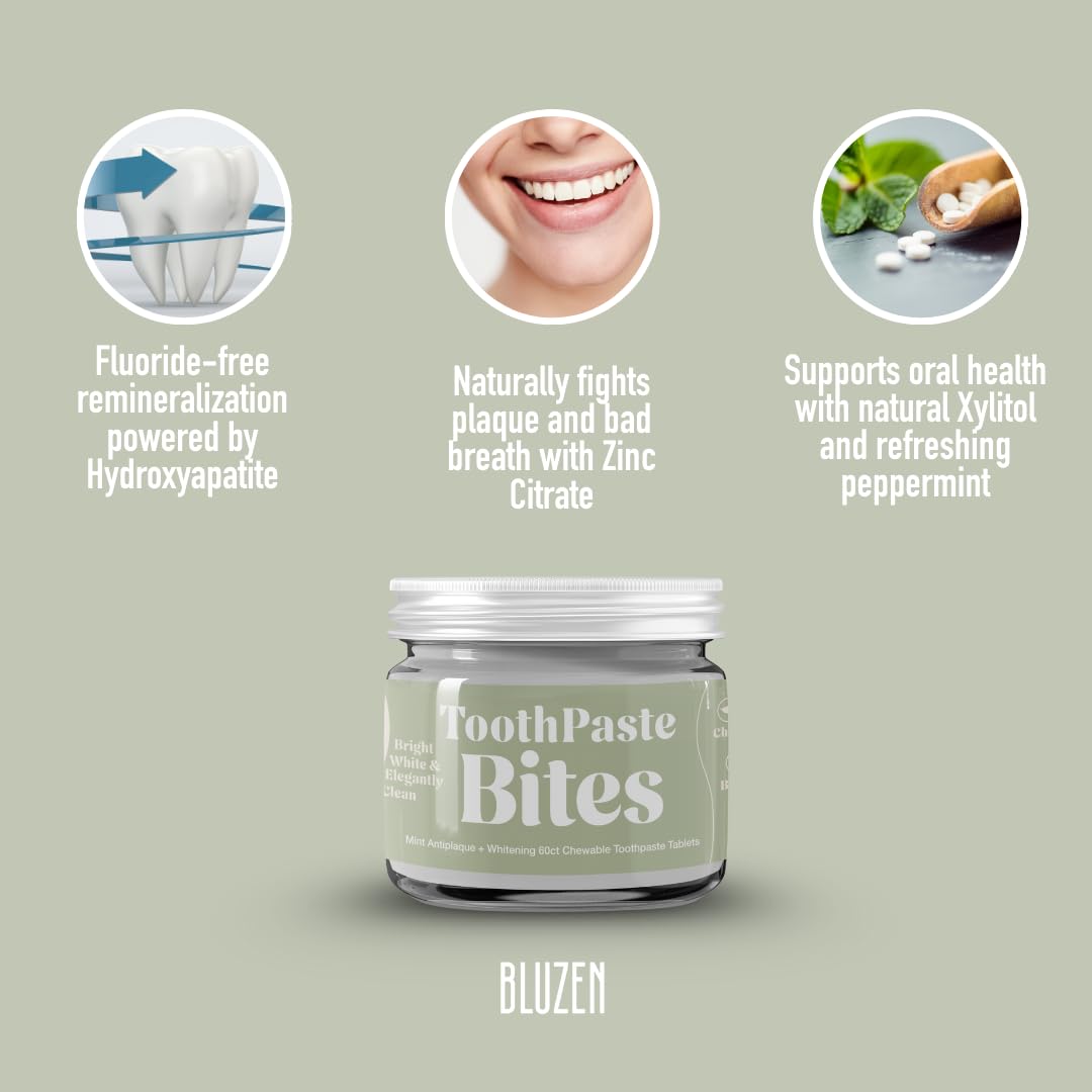 Whitening Toothpaste Tablets with Nano Hydroxyapatite, Fluoride Free, Plastic Free, Eco & Best Travel Friendly Chewable Mint Toothpaste Bites | 62 Count