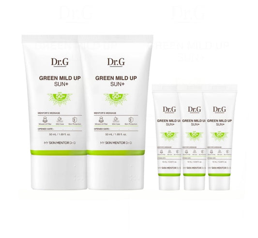 Dr.G Green Mild Up Sun+ Set – SPF 50+ PA++++ Mineral Sunscreen for Sensitive Skin | 50ml x2 + 10ml x3 | Non-Greasy, No White Cast, Fragrance-Free, Travel-Friendly
