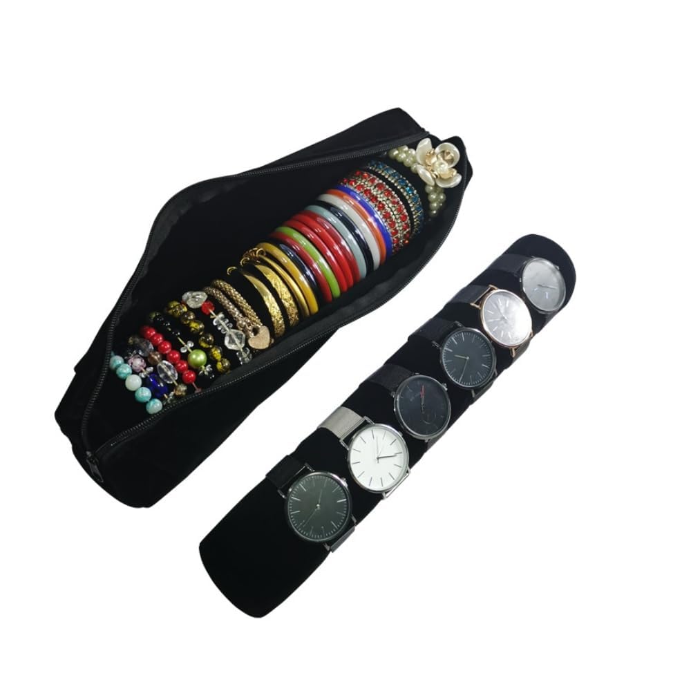 SCIKHEFT Bracelet Bangle Watch Roll Travel Pouch Jewelry Organizer, Black Gray Velvet Portable Zipper Pouch with Removable Roll Insert for Standard Size 12.5" W x 2.8" Diameter. (All black)