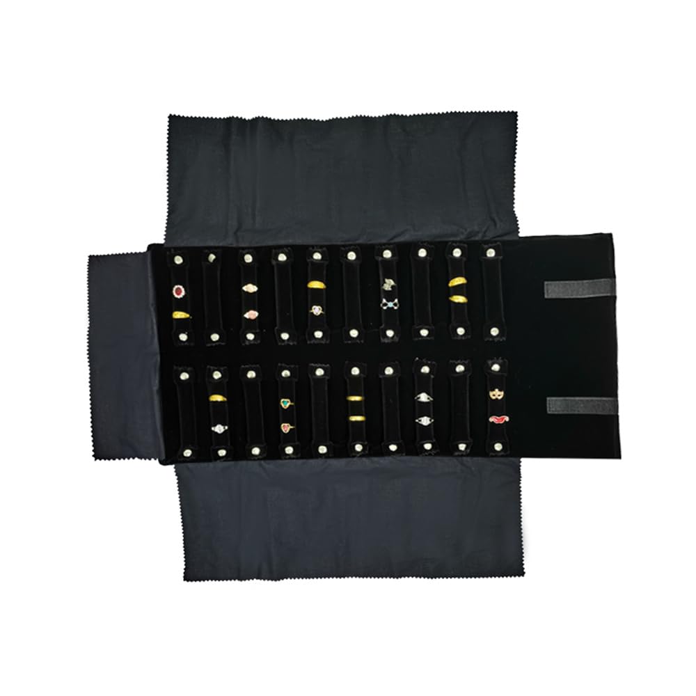 SCIKHEFT Portable Jewelry Roll Bag For Rings,Black All and Velvet Jewelry Roll Bag keep your Rings Safe (Open size: 55 * 29cm Close size: 30 * 10cm, Black Grey)