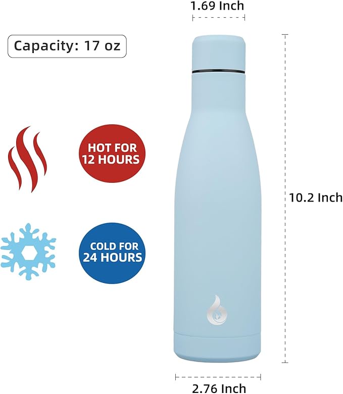 BJPKPK Insulated Water Bottle 17oz Stainless Steel Water Bottles Dishwasher Safe Metal Thermal Keep Cold and Hot,Sky Blue