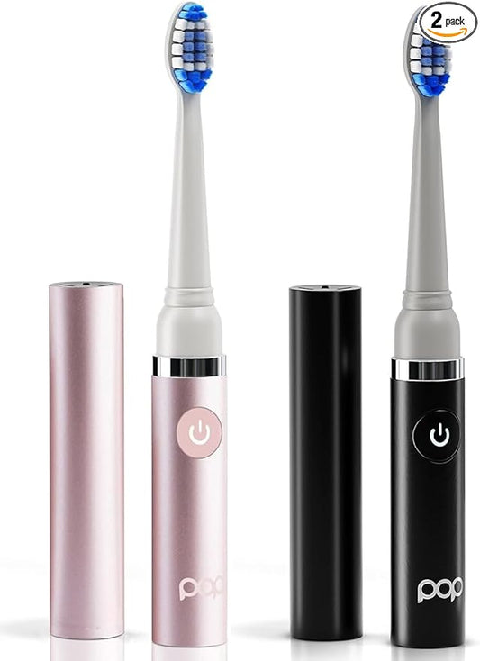 2-Pack Pop Sonic Electric Toothbrush (Metallic Rose & Black) - Travel Toothbrushes w/AAA Battery | Kids Electric Toothbrushes with 2 Speed & 15,000-30,000 Strokes/Minute, Dupont Nylon Bristles