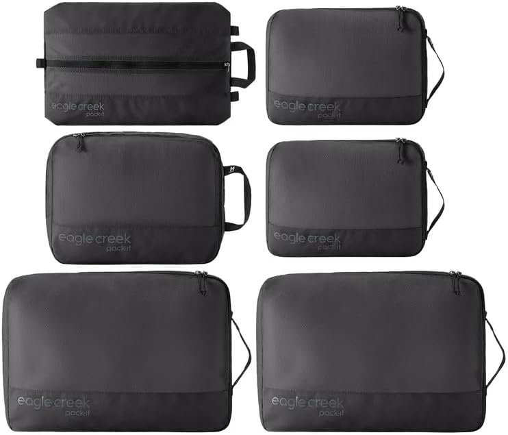 Eagle Creek Pack-It Reveal Extended Stay Set - Compression Travel Packing Cubes Set - Eco-Friendly - Quick-Drying, Water-Resistant & Translucent Fabric - Pack of 6 - Black
