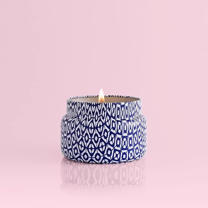 Capri Blue Printed Travel Tin Jar - Luxury Candle with a Soy Wax Blend - Scented Candles for Home with Notes of Citrus, White Musk & Patchouli (Blue Jean, 8.5 oz)