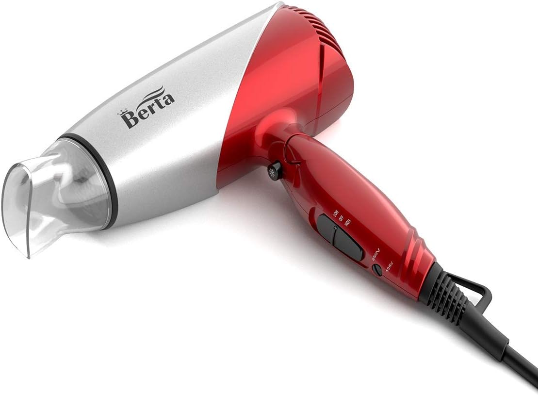 BERTA 1875Watts Folding Handle Hair Dryer Ceramic Negative Ionic Blow Dryer with Nozzle Compact for Children & Traveling