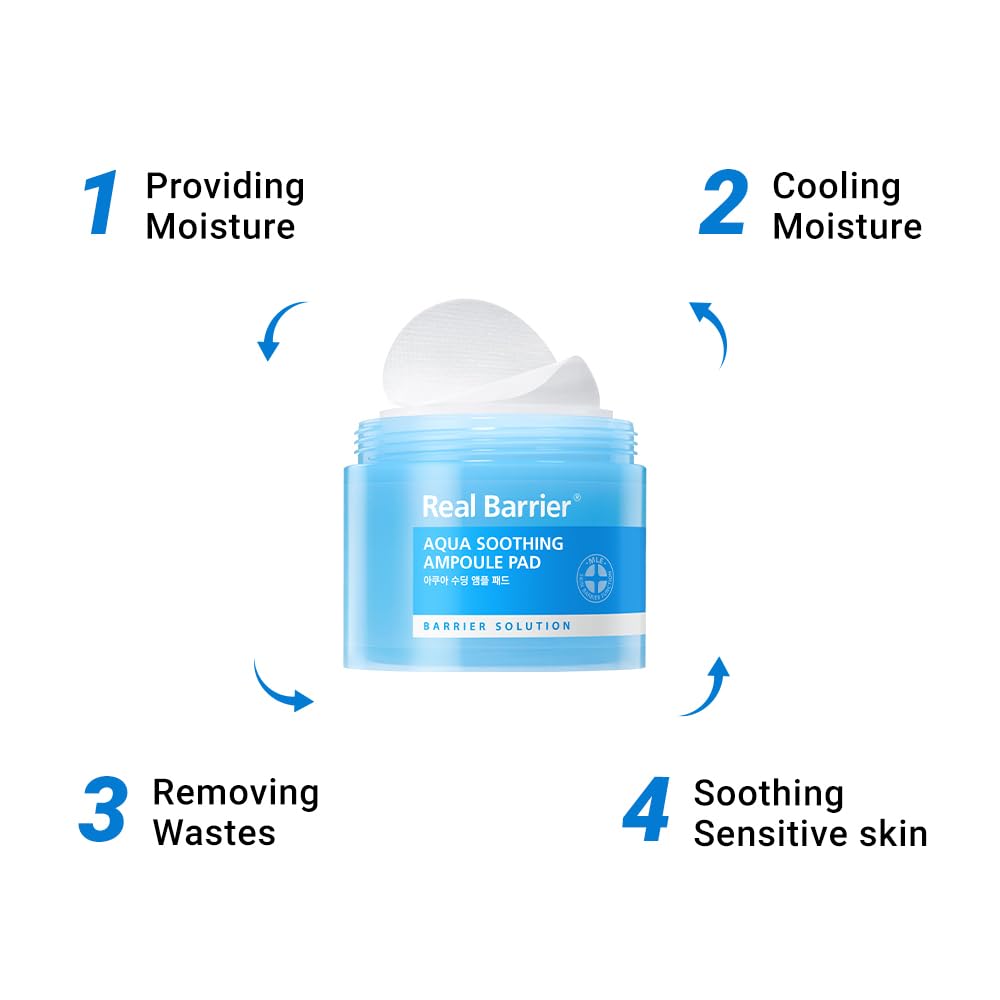 Real Barrier Aqua Soothing Ampoule Pad, 70 Pads l Hyaluronic Acid Facial Serum | Redness Relief for Sensitive Skin | Facial Moisturizer for Dry Skin| Calming Chamomile Extract| Korean Skincare