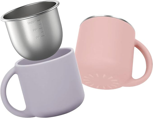 2-IN-1 Open Toddler Cups, Stainless Steel Baby Cup + Silicone Training Cup for Toddlers Kids Babys Drinking Water, No Plastic | No Soap Smell | Shock-Proof, 2-Pack Blush/Lilac