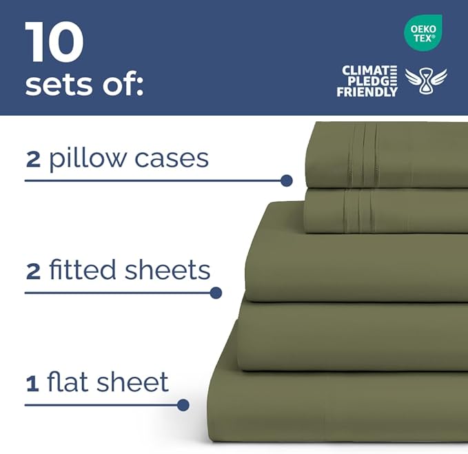 Bulk Case Pack of 10 Sheet Sets - (10) Complete Split King Size Sheet Sets with Deep Pockets - Wholesale Bulk Bedding for Hotels, Spas & Airbnbs - Breathable & Wrinkle Free - (Split King, Sage Green)