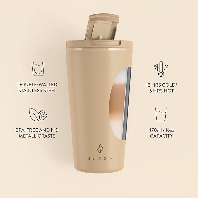 BURGA Stainless Steel Insulated DRINKING_CUP, Travel Spill-Proof With Secure-Seal, Scratch-Resistant, Stays Hot or Cold & Anti-Slip, 16 Ounces, Tan